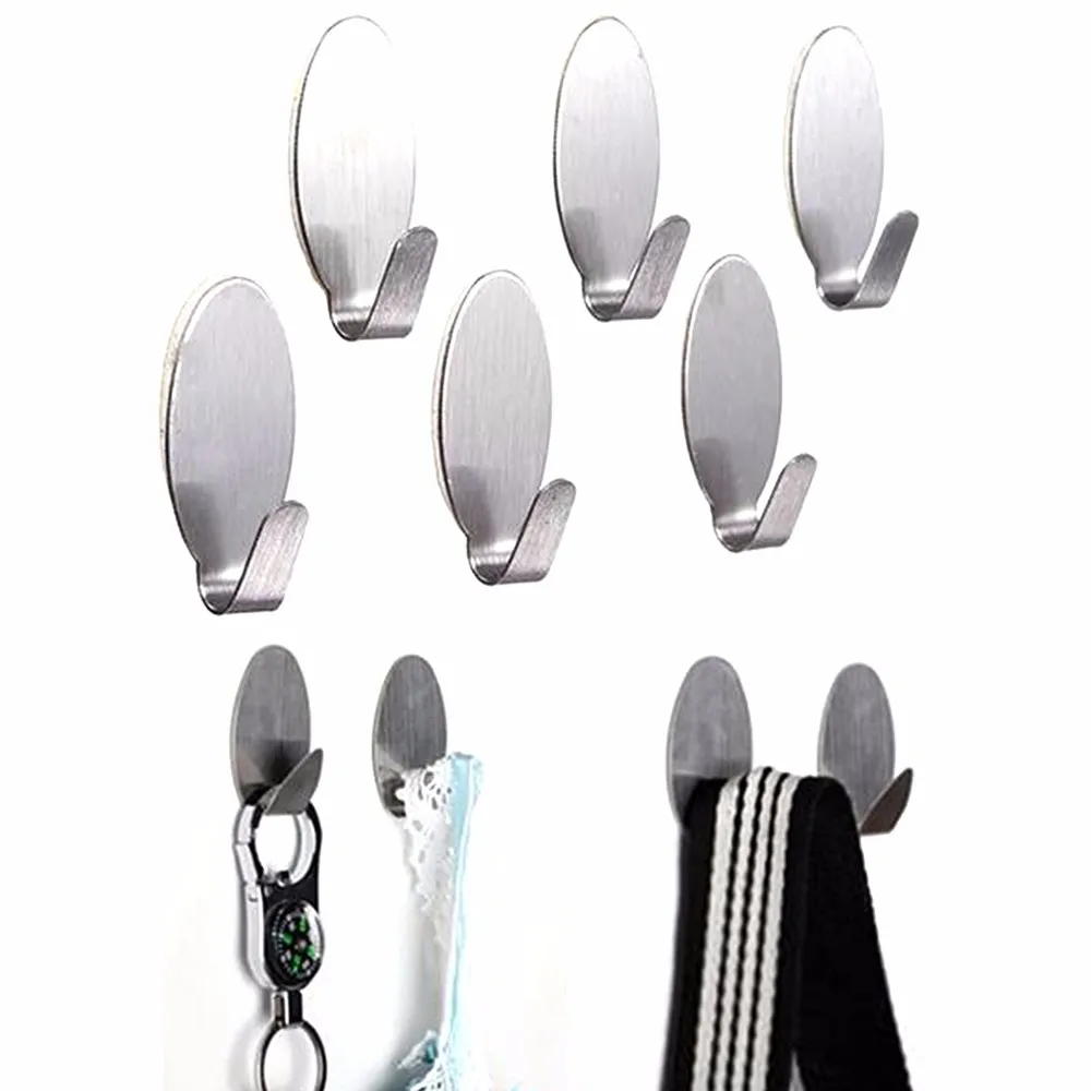 6PCS Stick On Silver Hook Strong Self Adhesive Sticky Coat Hat Metal Hanger Home Bathroom Kitchen Stainless Steel Holder | Обустройство