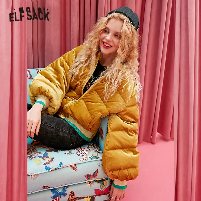 ELFSACK желтый цвет вышивка прямой теплый пуховик для женщин зима 2019 бант шнуровка