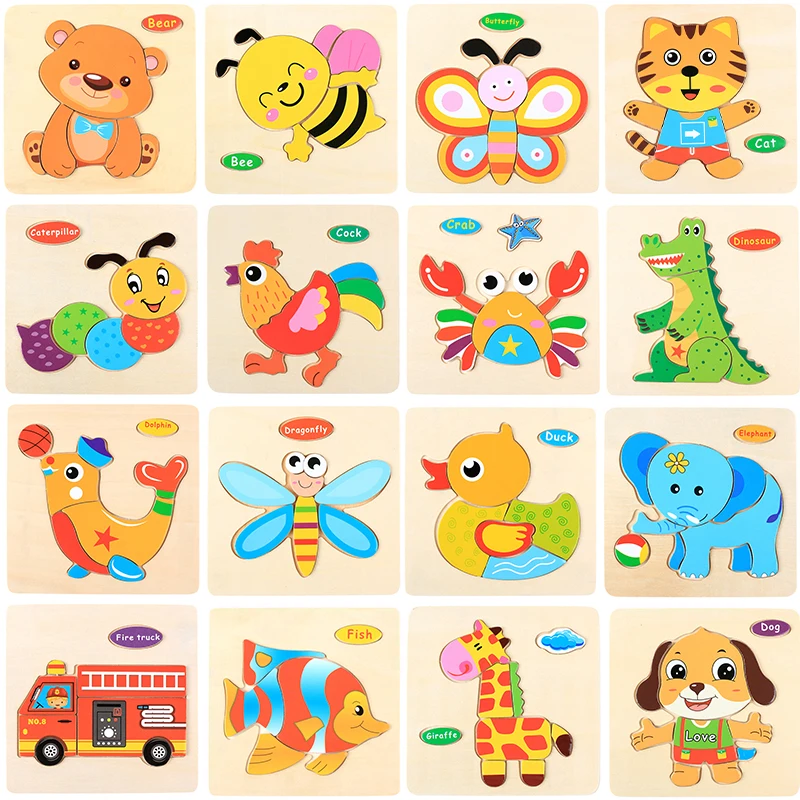 

3D Montessori Wooden Puzzle Jigsaw Toys For Children Baby Aniamls/traffic KidS Cognition Puzzles Educational Toys for Children