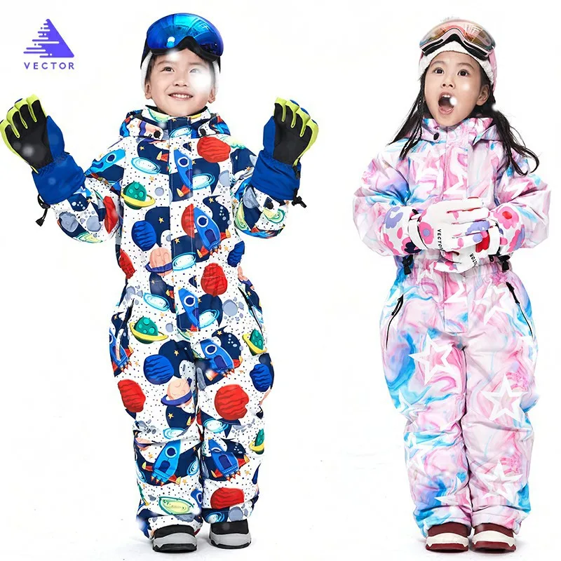 

2021 new waterproof and warm girls and boys hooded print cartoon ski suit children's one-piece ski suit suit