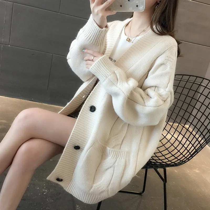 

Autumn and winter new lazy style V-neck mid-length twist knit sweater loose women cardigan all-match sweater coat women's 2020