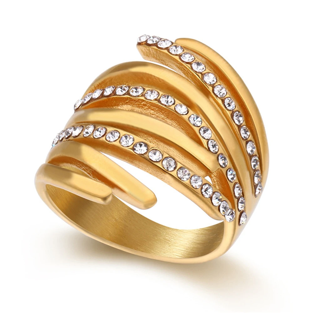 

Hip Hop Iced Out Big Geometry Ring Female Gold Color Stainless Steel Cocktail Rings For Women Party Jewelry High Quality