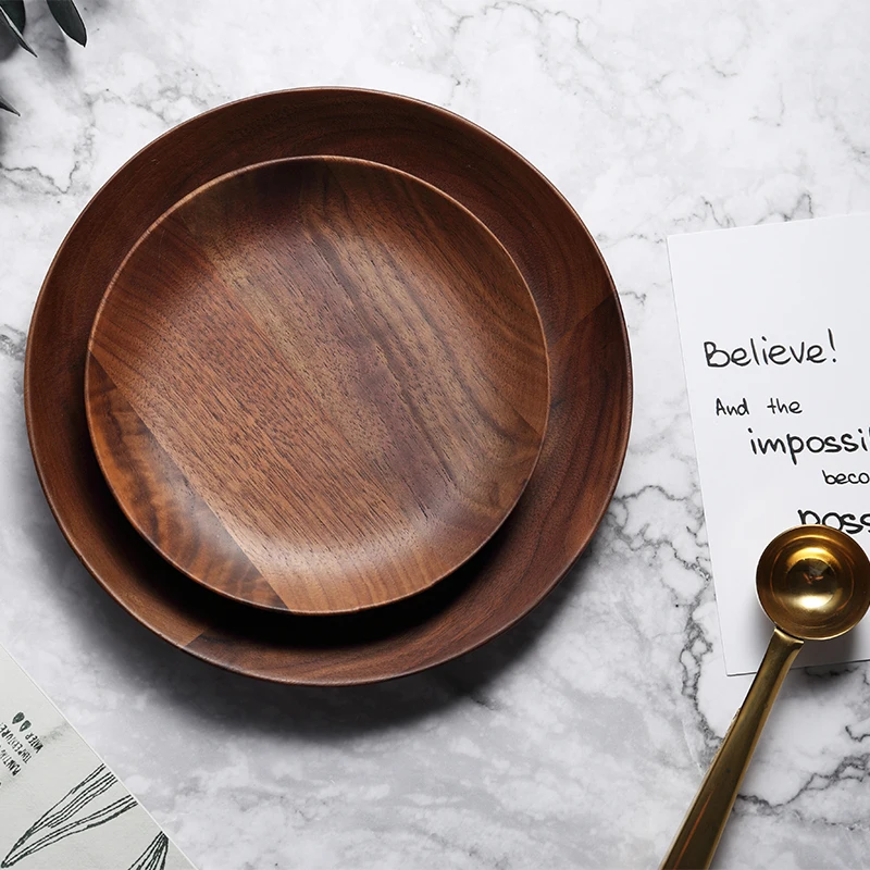 Dia 15cm 20cm Wood Dish Plates Premium Black Walnut Wooden Tableware Dishes Round Cake Dessert Serving Plate Kitchen Utensils (6)