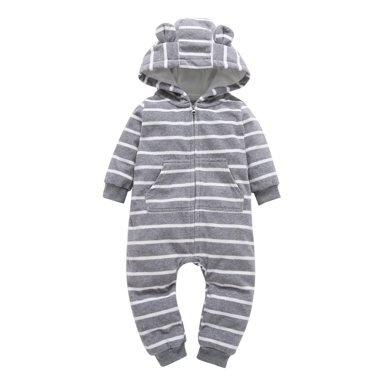 Зимняя одежда для малышей теплый детский комбинезон с капюшоном, плотная флисовая одежда для новорожденных девочек и мальчиков - Цвет: Striped gray