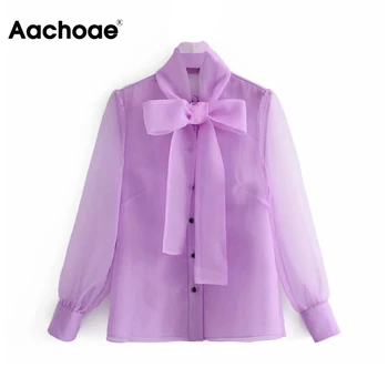 

Sexy Summer Bow Tie Organza Lace Blouse Women Streetwear Puff Long Sleeve See Through Shirt Ladies Casual Tops Blusas Femininas