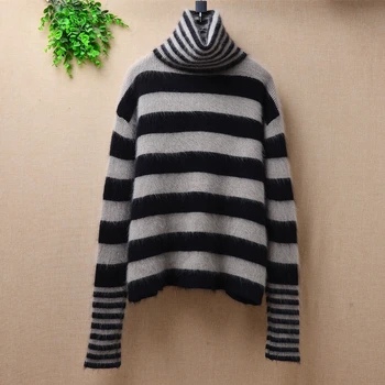 

Female sweaters short striped plush mink cashmere turtleneck basic pullovers angora rabbit fur loose knitted blouses sweater
