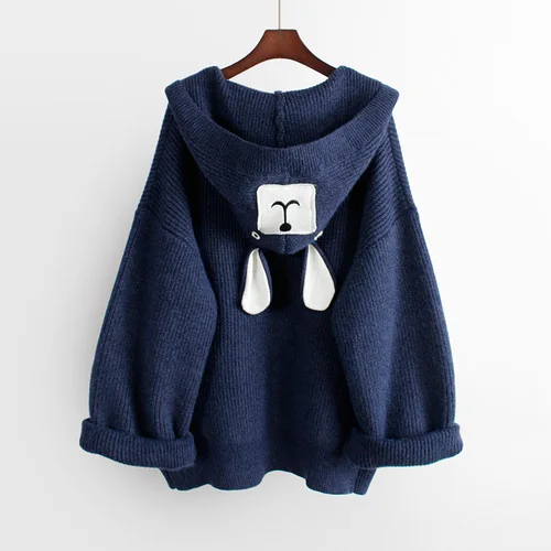 Dark Blue Neploe, женский кардиган с капюшоном, свитер, мультяшная аппликация, свободная, средней длины, трикотажное пальто,, осень, зима, вязанное, открытая стежка, 55403 - Цвет: Dark Blue