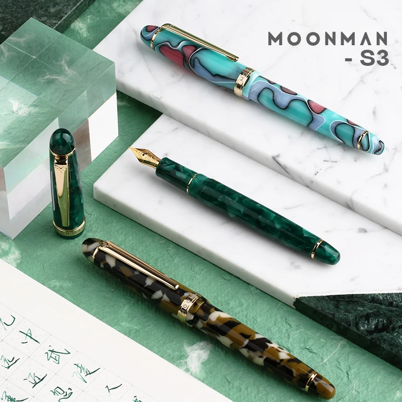 

Moonman S3 Acrylic Resin Fountain Pen Iridium Extra Fine / Fine Nib 0.38 / 0.5mm Writing Ink Pens Gold Trim with Gift Box Set