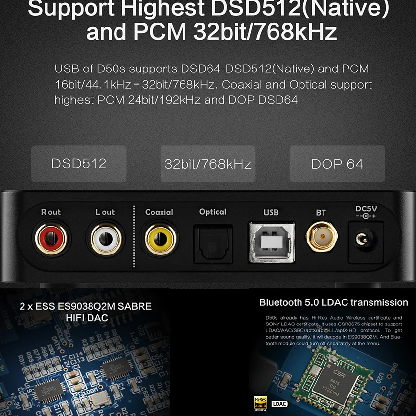 Топпинг D50S CSR8675 Bluetooth 5,0 ES9038Q2M декодирование аудио USB DAC XMOS XU208 DSD512 32 бит/768 кГц OPA1612 USB/OPT/коаксиальный вход