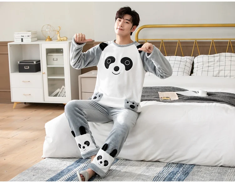 2021 Winter Long Sleeve Thick Warm Flannel Pajama Sets for Men Cute Cartoon Coral Velvet Sleepwear Pyjamas Homewear Home Clothes cheap pajama pants