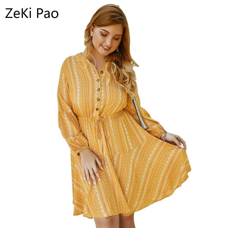 

Fashion Large Size Yellow Print Dress Spring Ladies Casual Long Sleeve Button Office Wear Loose Korean Boho Dress Vestidos 4XL