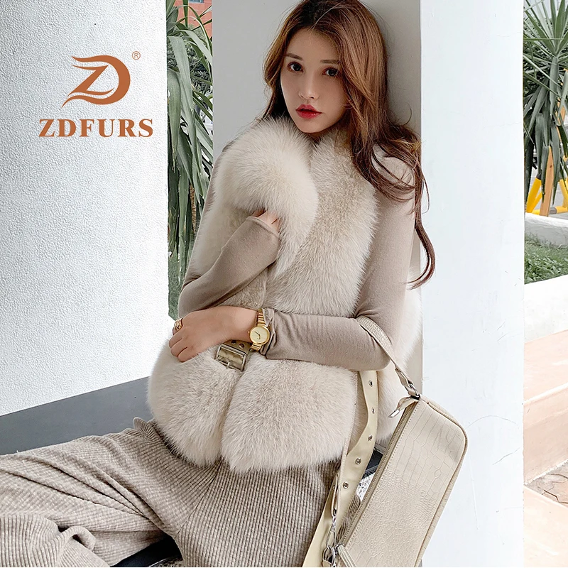 ZDFURS* Новое поступление натуральный мех жилет размера плюс контрастный цвет мода нерегулярные Полный Пелт лисий мех жилет женщина