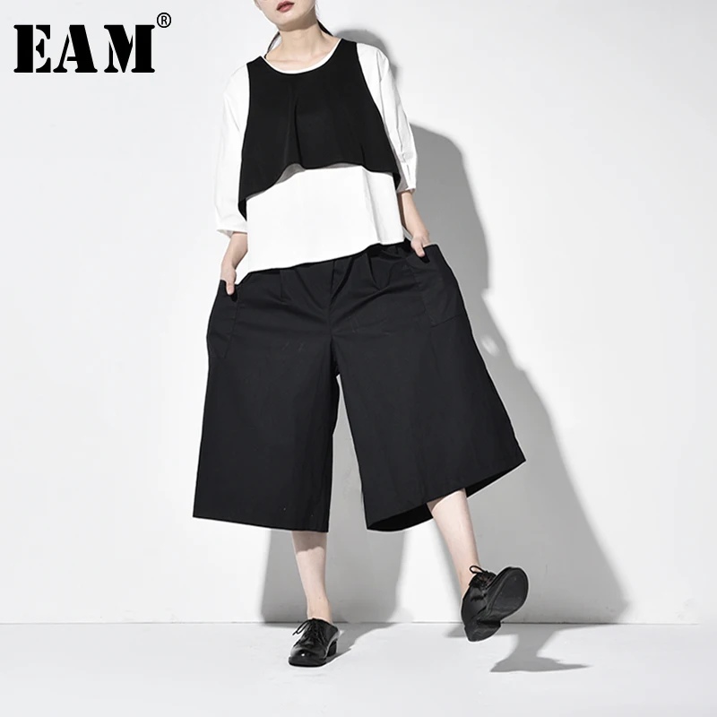 

[EAM] Wide Leg Pants Three Piece Suit New Round Neck Long Sleeve Black Loose Fit Women Fashion Tide Spring Autumn 2019 JW1000