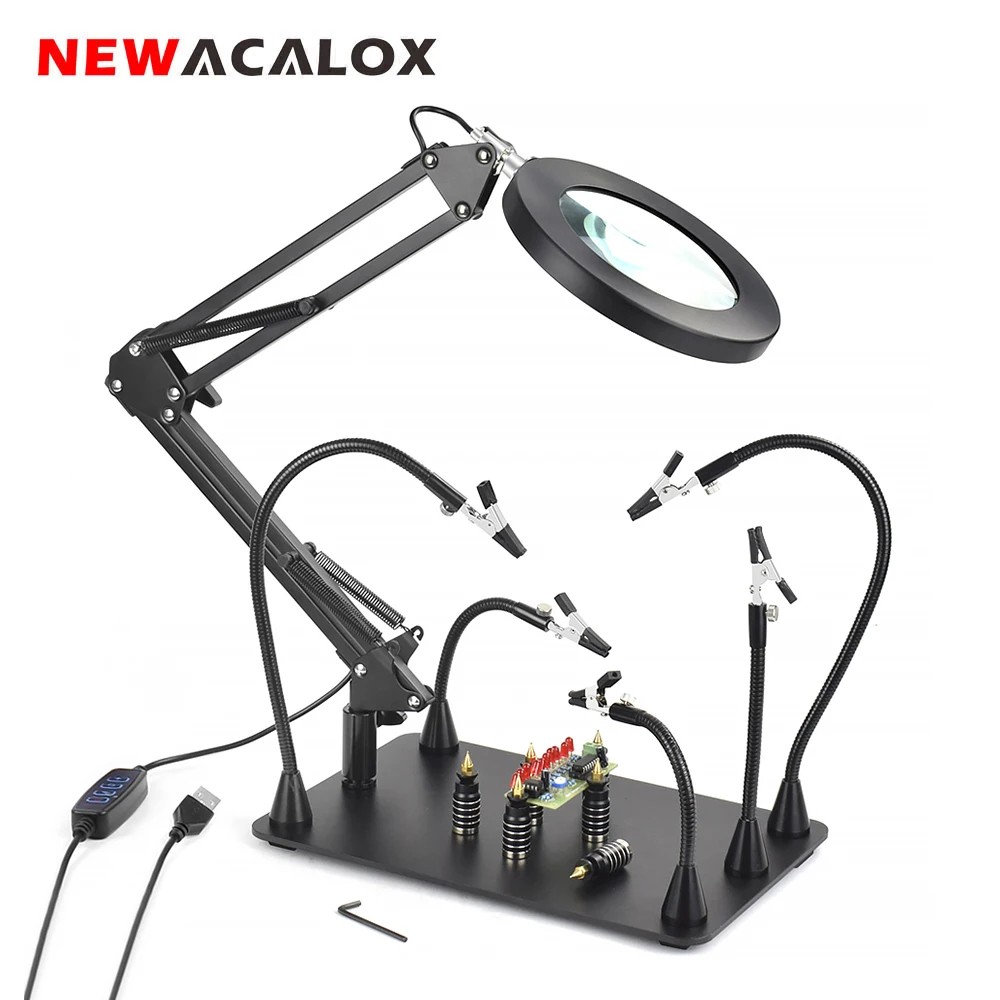 NEWACALOX Soldering Third Hand 5X 3 Colors Illuminated Magnifying Glass Magnetic PCB Repair Fixed Clip Rework/Soldering Tool NEWACALOX Soldering Third Hand 5X 3 Colors Illuminated Magnifying Glass Magnetic PCB Repair Fixed Clip Rework/Soldering Tool