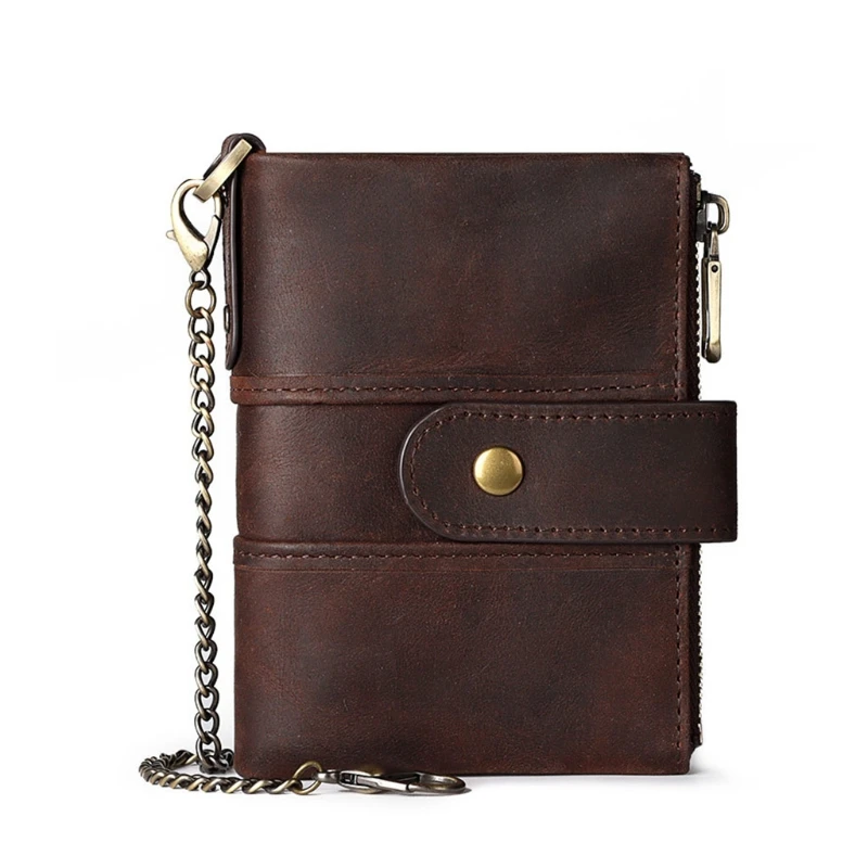 Cartera de cuero para hombres con cadena antirrobo RFID bloqueo Hasp plegable moneda Pock LX9F