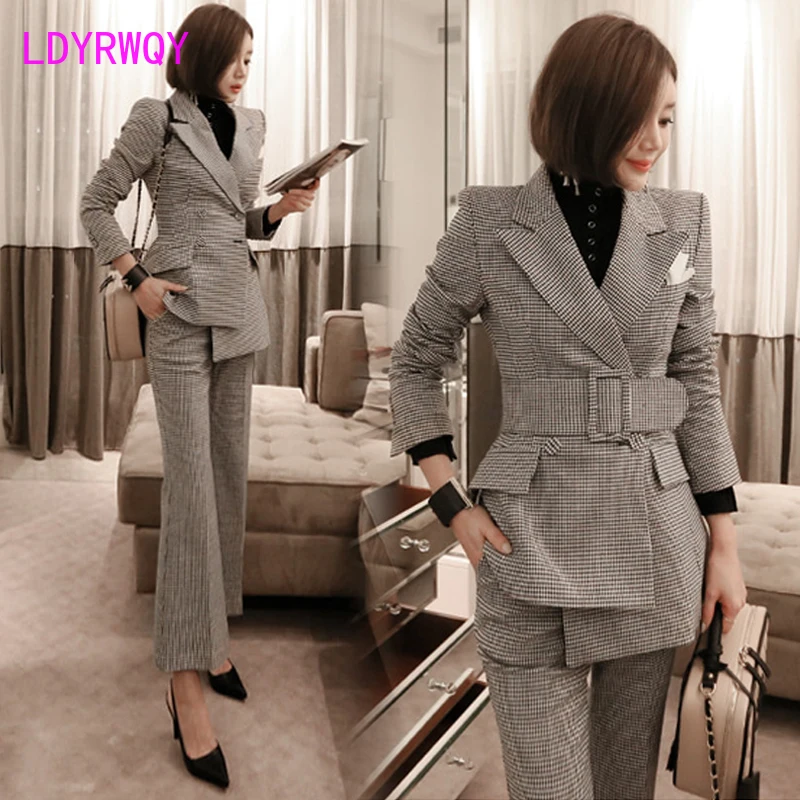 

2019 autumn new fashion Slim houndstooth professional pants + suit jacket suit female