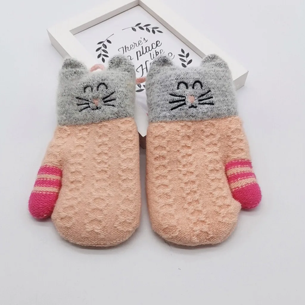 Children Kids Boys Girls Autumn Winter Gloves Cartoon Cat Patchwork Color Warm Knitted Fashion Gloves With New Brand