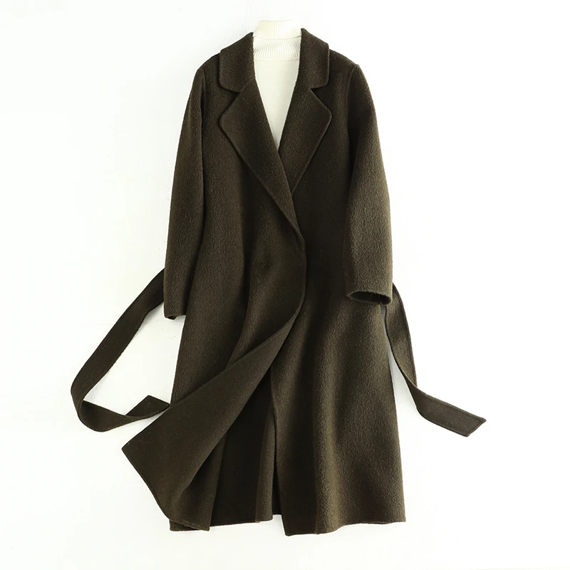 

2019 Spring Army green long wool woollen coat with belt women autumn winter new jacket cashmere coats female overcoat outerwear
