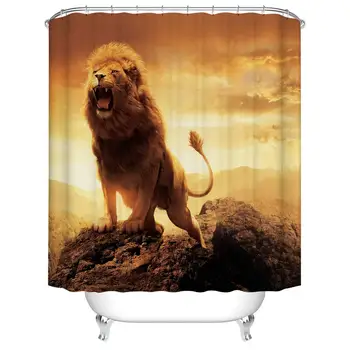 

Animals Bathroom Shower Curtain Decor Set - Roaring Lion on The Peak Top Design - Polyester Fabric Bath Curtains - 12pcs Shower