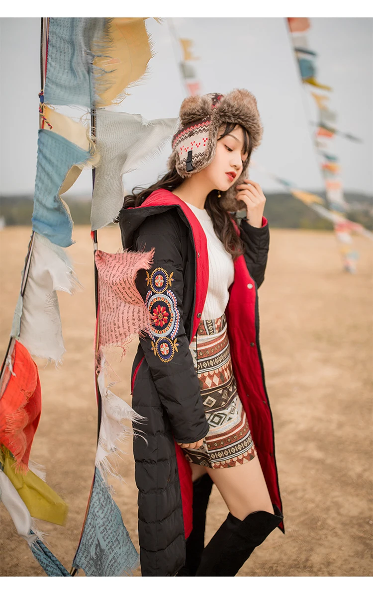 YOSIMI Winter Women Warm Down Coat Embroidery Female Long White Duck Down Jacket with Hooded Wear Both Sides Wide-waisted