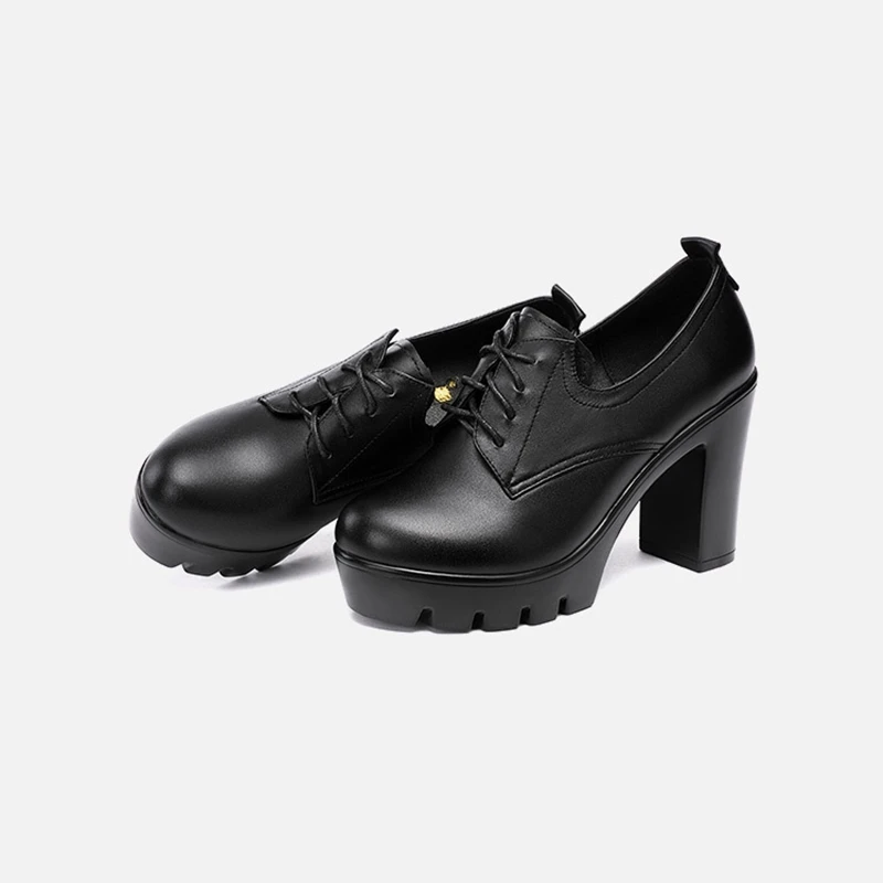 

Block Heels Autumn Winter Boots 2020 Split Leather Women Ankle Boots Black Block Heels Platform Shoes Lace up Thick Bottom