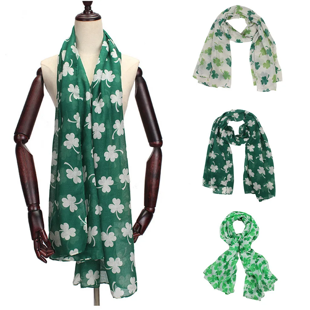 Женский атласный шарф в стиле ретро зеленый с цветочным принтом Ирландском на