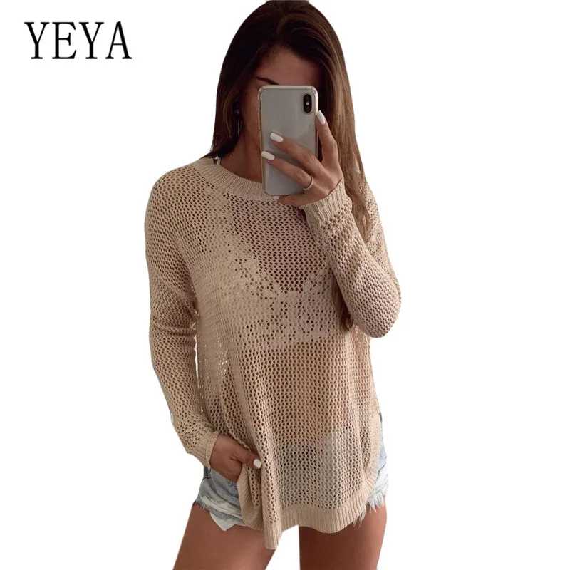 

YEYA Autumn Pullover Fashion Sexy Hollow Out Female Sweater O Neck Long Sleeve See-through Elegant Knitted Sweater Jumper