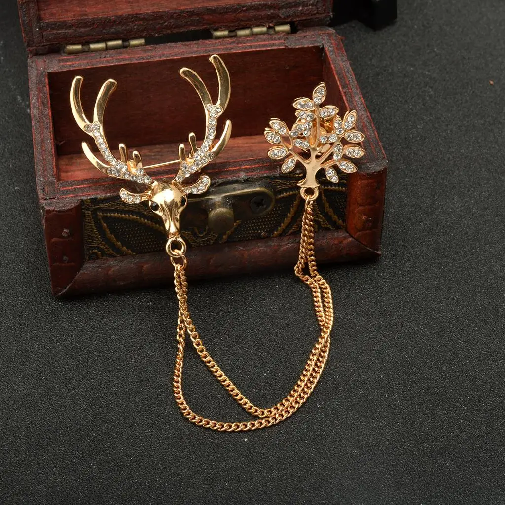 Gold Deer Tree Collar Neck Tip Brooch Lapel Pin Chain Jewellery Gift for Men Women