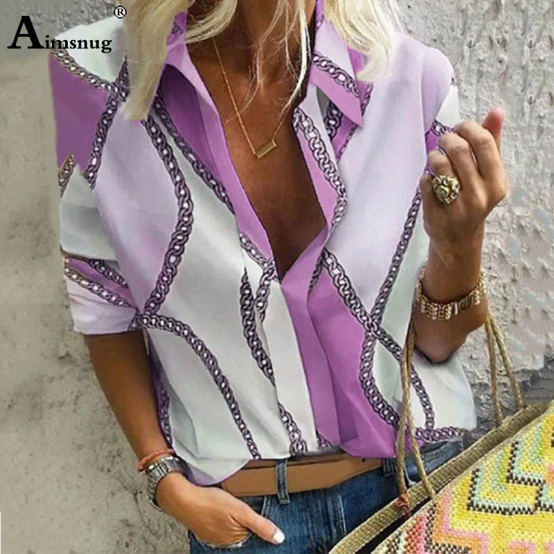 purple Большие размеры 4xl 5xl Осенняя женская блузка для отдыха топы с цепным принтом Офисная Женская рубашка блузка с длинным рукавом blusas mujer de moda - Цвет: purple