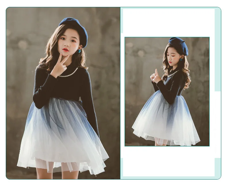 2019 Children's Knit Sweater Patchwork Dress Autumn Winter Knitted Baby Girls Dresses Teenage Kids Evening Dresses Long Sleeve (3)