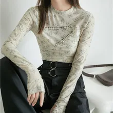  Printed Slim Pin Long Sleeve Top Women's Spring Design Fashion All-Match Short Trend Tops Femme Body Tight Fall Clothes 