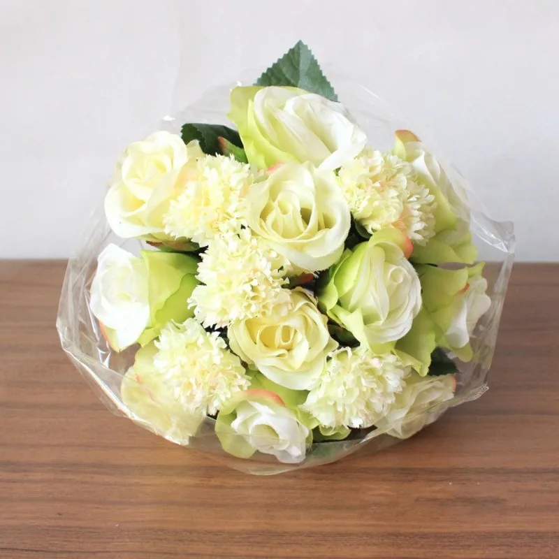 White-green Искусственные цветы 23 см, искусственные цветы, букет 16 цветов, искусственный букет невесты, свадебные, домашние, Декоративные искусственные цветы - Цвет: White-green