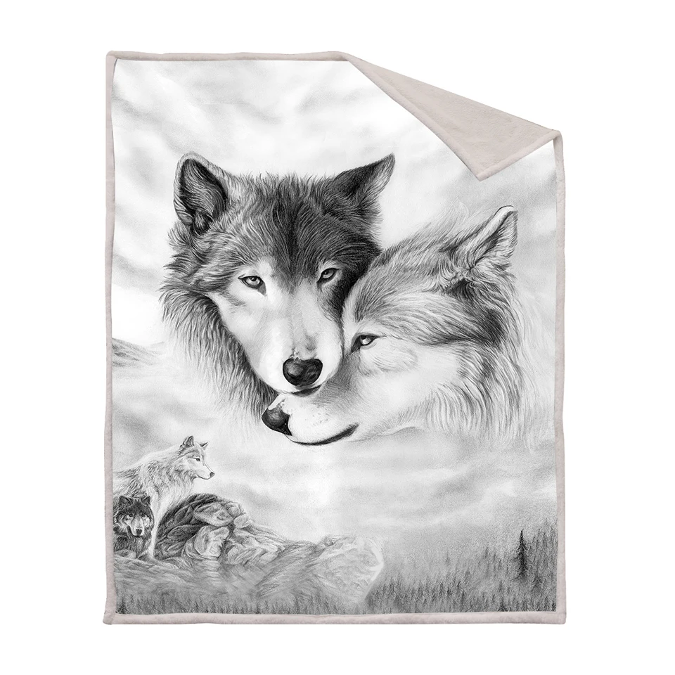 two wolf Winter Plush Weighted Velvet blanket like sheep wool Soft thick warm heated cat animal print black nebula blanket child heavy - Цвет: two wolf