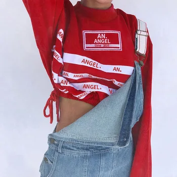 

VINStudio 2020 Women Autumn Casual Fleece Street Style Navel Exposed Tops Red Black Fashionable All Match Strip Short Top