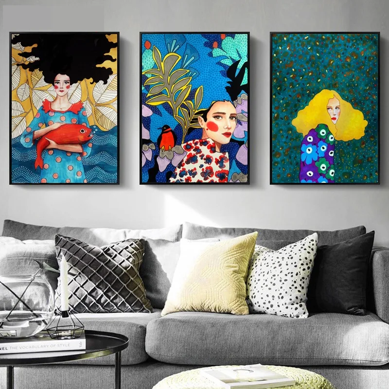 Watercolor-Hair-Girl-Wall-Art-Canvas-Painting-Birds-Flowers-Nordic-Poster-Fishes-Leaf-Wall-Pictures-For(3)