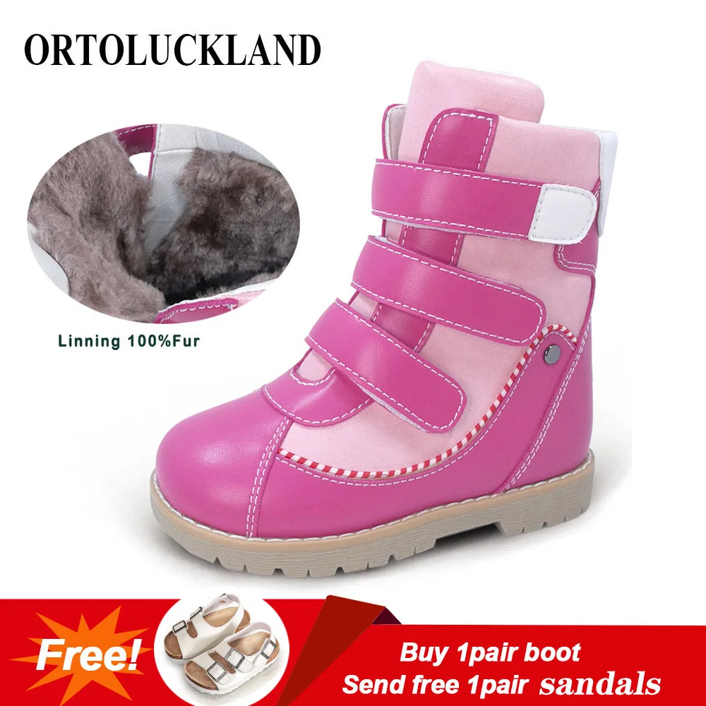Ortoluckland Детские Зимние ортопедические сапоги натуральный мех кожа телячья кожа короткие зимние сапоги для девочек розовый теплая Модная детская обувь
