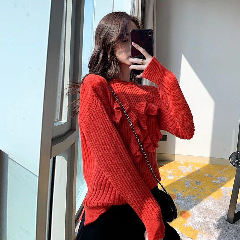 TWOTWINSTYLE Casual Red Striped Knitting Sweaters For Women O Neck Long Sleeve Autumn Pullovers Female Fashion Clothing New