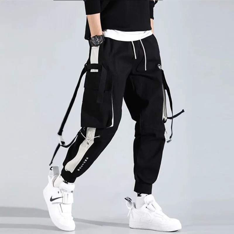 

Contrast Jogger Black Harem Pants Multi-pocket Ribbon Sweatpants Streetwear Casual Pants Elastic Waist Pantalon Men