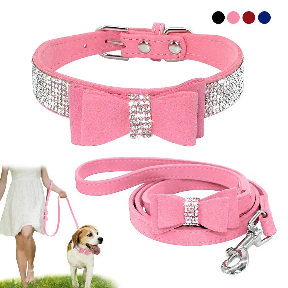 

Bling Rhinestone Puppy Cat Collars Adjustable Leather Bowknot Kitten Collar For Small Medium Dogs Cats Collar and Leash