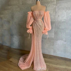 Eightale Sexy Prom Dresses Off Shoulder Mermaid Evening Dress High Split Puff Sleeve Floor Length Cocktail Party Gowns Plus Size