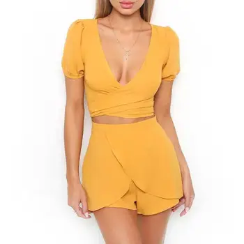 

2Pcs Women Sexy V Neck Cross Puff Sleeve Back Lace Up Top Blouse Short Pants Set
