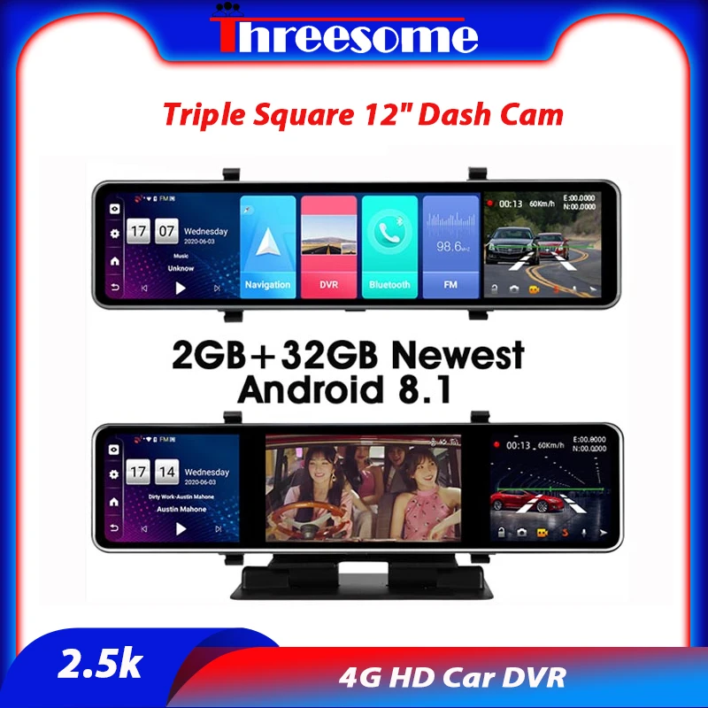 

2.5k 4G HD Car DVR Android 12" Dual Dash Cam Mirrors Touch Triple Square Screen Rear View Camera with Bracket Rear Camera 2G+32G