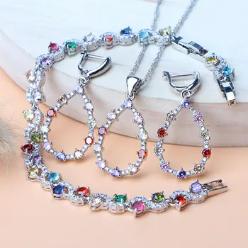 

925 Silver Bridal Jewelry Sets Colorful Zirconia Jewelry Charms Bracelet Earrings/Pendant/Wedding Necklace/Ring Set For Women