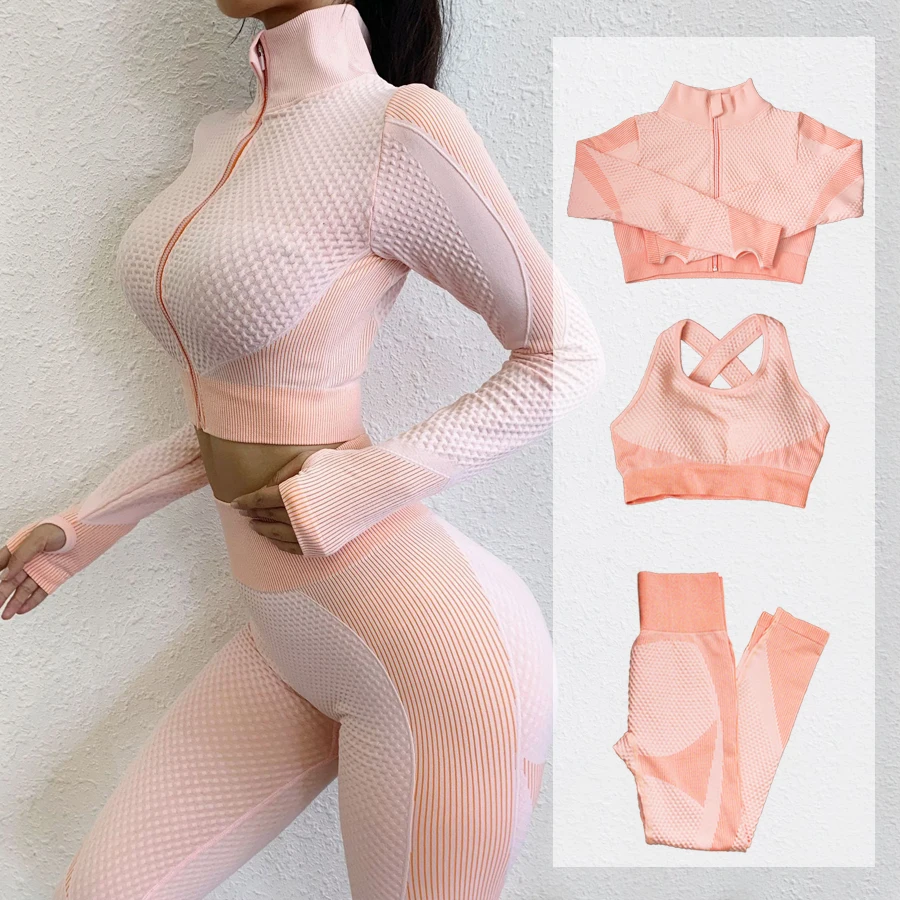 Conjunto deportivo de yoga de tres piezas para mujeres, trajes deportivos con camisa de manga larga, sujetador y leggings sin costura para correr, ropa para gimnasio y entrenamiento, LF051, 3 uds.
