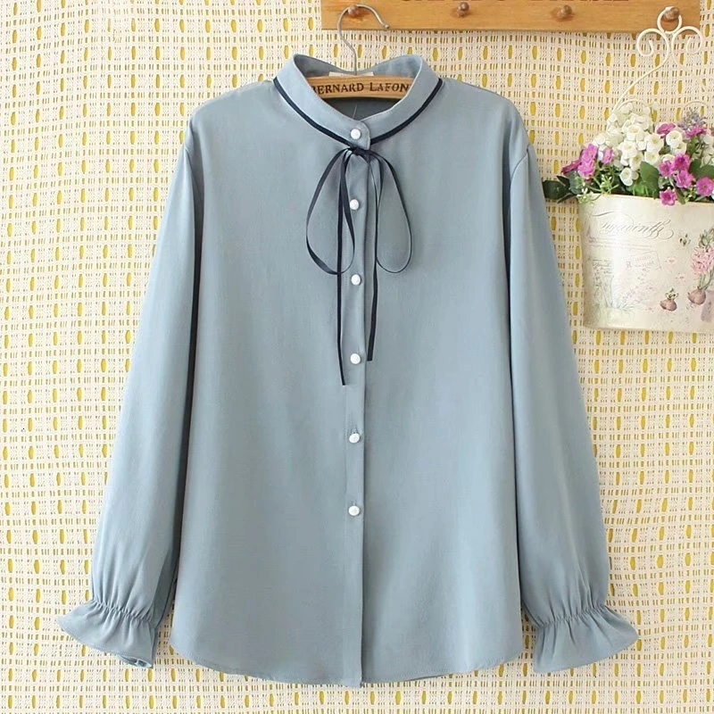 

Plus Size vrouwen Chiffon Blouse Wit Blauw Lange Mouwen Blusas Officewear Tops