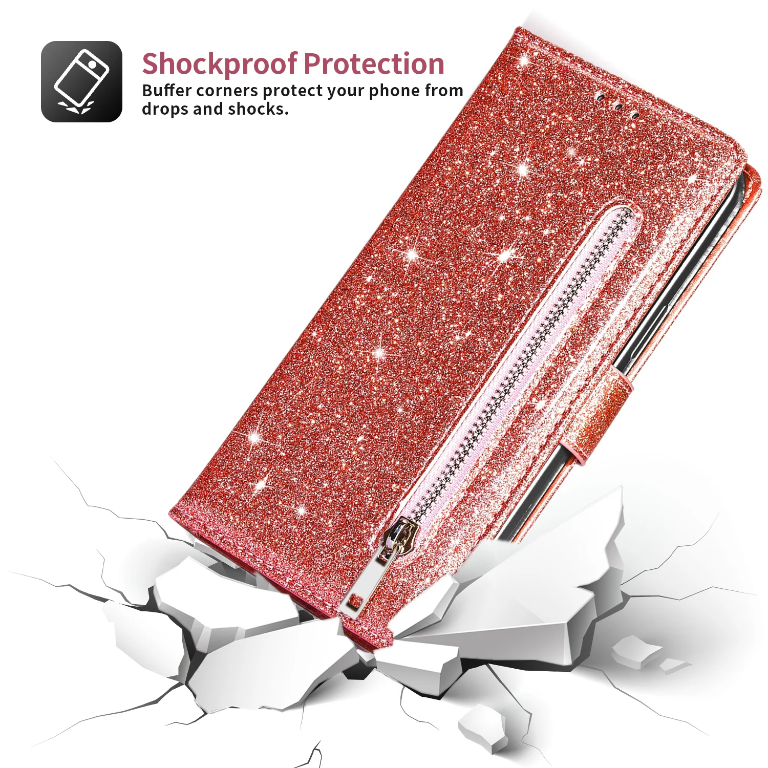 Zipper Flip Wallet Glitter Leather Bling Stand Phone Cover