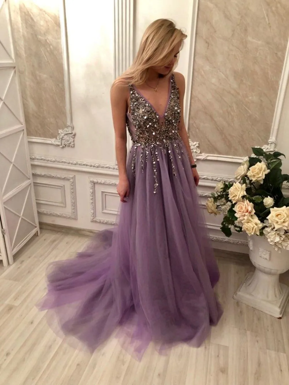 as picture plum Сексуальные вечерние платья с глубоким v-образным вырезом, без рукавов, с открытыми плечами, платья для выпускного вечера, бисероплетение, тюль, официальное вечернее платье, сексуальное с открытой спиной - Цвет: as picture plum