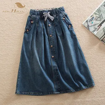 

SISHION 2020 New Women Summer Skirts Lace Up Elastic Waist Denim Skirts Loose Female Casual A Line Denim Skirts Faldas Plus Size