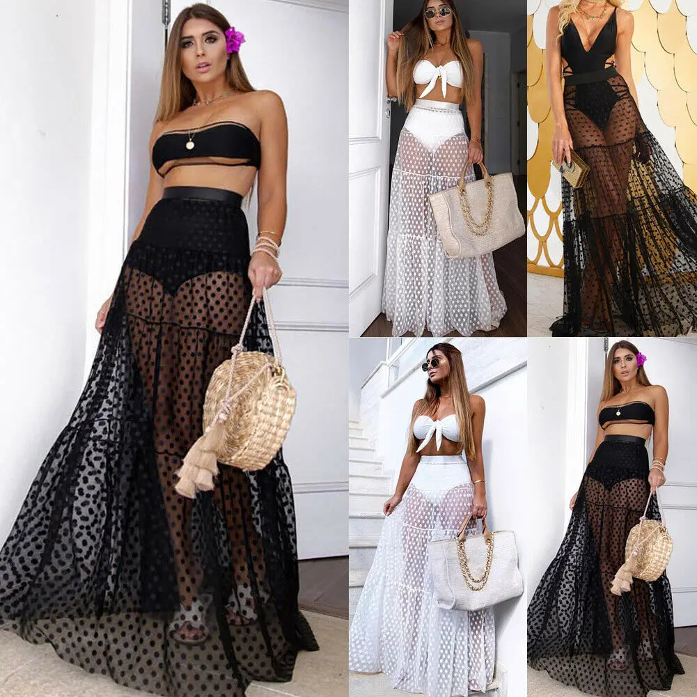 Женская пляжная юбка с высокой талией бикини сетчатая Прозрачная Юбка макси