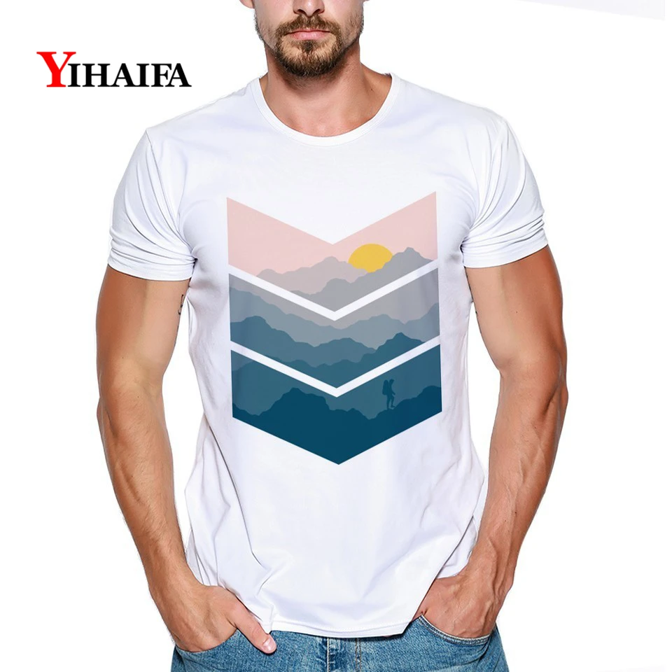 

Mens Womens T-Shirt Geometric Sunrise Mountain 3D Print Graphic Tees Casual Short Sleeve Slim Fit White Tee Shirts Tops